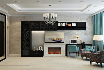interior design, elegant modern interior, living room, fireplace, stylish decor, chandelier, bookshelf, armchair, desk lamp, teal curtains, wooden floor