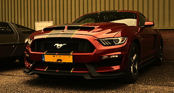 Shelby Ford Mustang, červený ford mustang, závodní pruhy, zaparkované venku, kultovní auto, klasický mustang, ford mustang gt, sportovní auto, americké svalové auto, Automobiloví nadšenci, Venkovní parkování