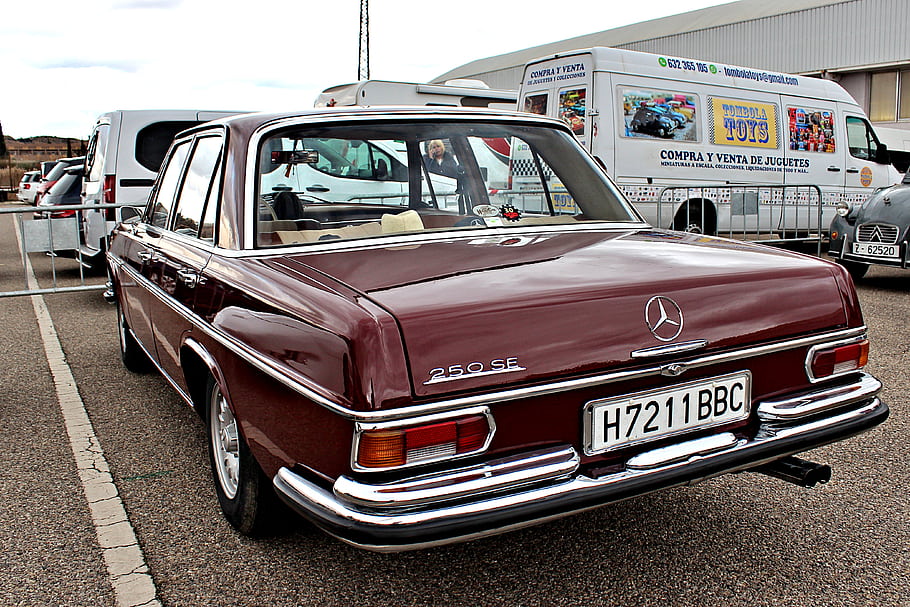 mercedes benz, 250 SE, klasické auto, Historické auto, kaštanová barva, zpětný pohled, poznávací značka, Přehlídka aut, Evropské auto, chromový nárazník, koncová světla