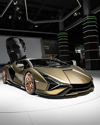 Lamborghini Coupe, sports car, gold Lamborghini, Frankfurt auto exhibition, luxury car, auto show, exhibition hall, high-end vehicle, sleek design, car display, automotive event