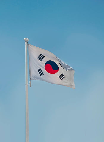 South Korea National Flag, South Korean flag, flagpole, clear blue sky, Seoul, fluttering flag, national symbol, Korean flag, flag against sky, South Korea, national identity