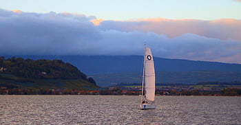 seilbåt, regionen av innsjøen murten, skyer, båt, farvann, innsjø, landskap, natur, Sveits, bakgrunn, landsby