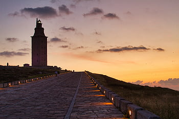 Herkulova věž, silnice, západ slunce, la coruna, galicie, Španělsko, maják, krajina, historický, mezník, turistická atrakce