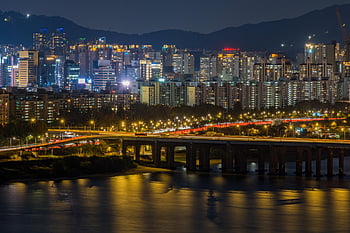 noční výhled, temný, město, budova, architektura, Soul, Korea, Korejská republika, noc, Han řeka, silnice