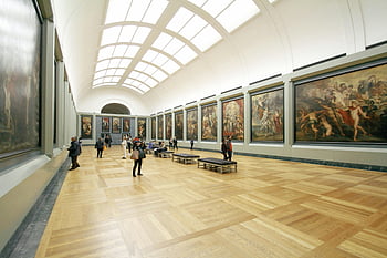 Muzejní hala, slavné obrazy, Návštěvníci zkoumají, umění zobrazení, výstava malby, široký pohled, interiér muzea, galerie umění, Návštěvníci v muzeu, umělecká výstava, návštěvníků muzea