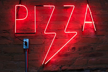 pizza neon light, signage, vibrant red, neon pizza sign, rustic brick wall, glowing neon, night signage, pizza sign, neon light, brick wall, night glow