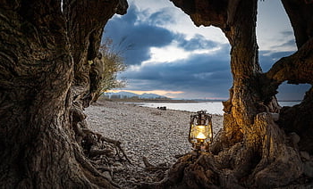 lantern, sea, heaven, beach, water, clouds, rock, tree, riverbank, nature, myfestiveseason