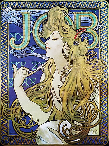 Alphonse Mucha, 아르누보, 핀업, 높은 해상도, 여자, 긴 머리, 화려한 디자인, 빈티지 포스터, 1896 년, 일, 파란색 배경