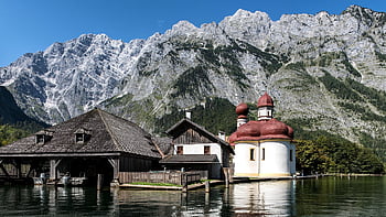 Königssee, Berchtesgaden, bajorországi, Németország, hegyek, természet, Alpok, hegyi tó, templom, kápolna, történelmi