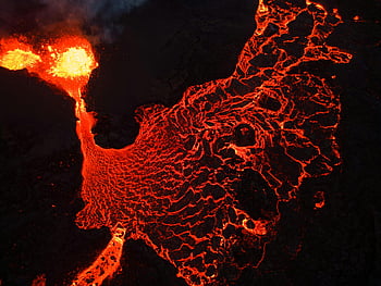 lava flow, crater, night, aerial shot, glowing molten lava, Icelandic volcano, volcanic eruption, natural phenomenon, lava river, volcanic landscape, night photography