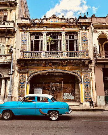 Brown Concrete 2-storey Building, Classic blue vintage car, historic colonial building, Havana, Cuba, vintage car, colonial architecture, Havana street, classic car, historic building, blue car