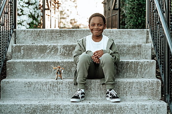 Treppe, glücklich, Kind, Junge, Afroamerikaner, Porträt, Kinder, Blackchild