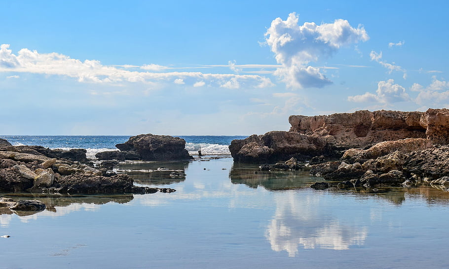 moře, odraz, pobřeží, skalnaté pobřeží, skály, Skalní formace, přímořská krajina, oceán, voda, horizont, scenérie