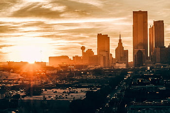 panorama dallas, západ slunce, zářivé barvy, Kultovní architektura, panoráma města, pohled z ptačí perspektivy, městské krajiny, texas, večerní pohled, mrakodrapy, západ slunce město
