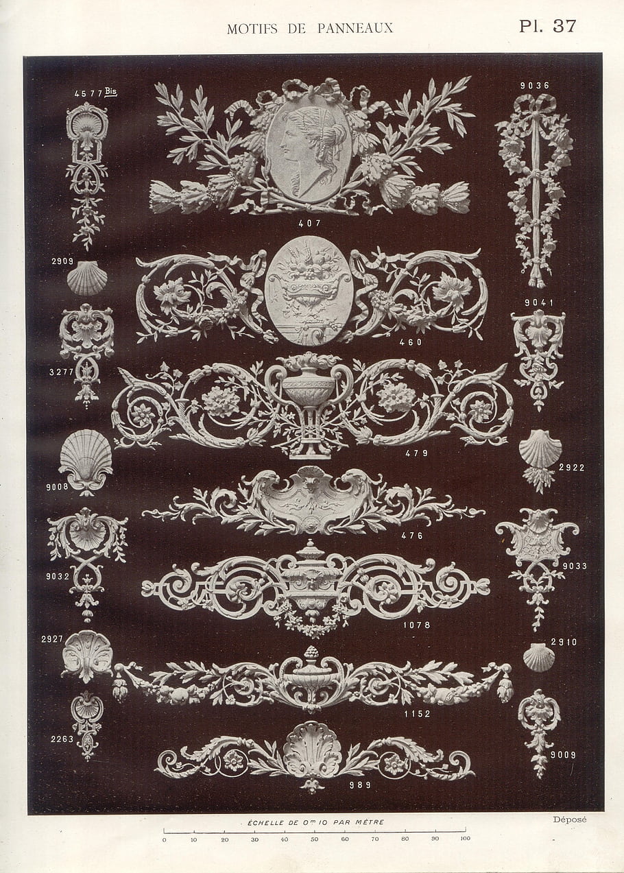 Ozdobné vzory, architektonické prvky, dekorativní motivy, vintage vzory, dekorace panelu, květinové ornamenty, Shell motivy, klasické umění, rytina, starožitné vzory, francouzský styl