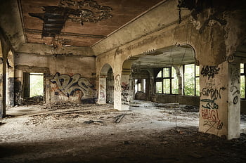 abandoned building, graffiti, dilapidated architecture, eerie charm, intricate graffiti, urban decay, abandoned interior, decayed walls, graffiti art, abandoned structure, exploration photography