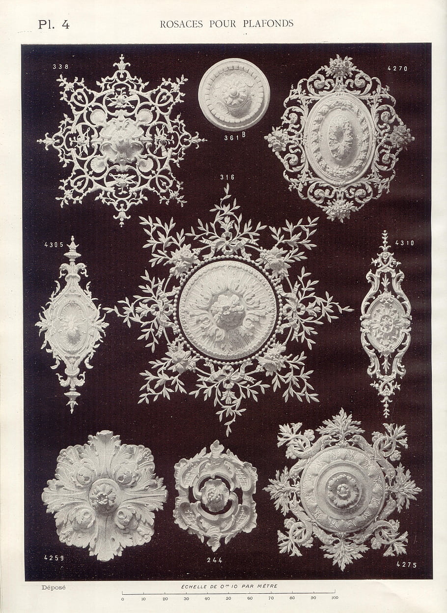 ornate designs, decorative elements, ceiling rosettes, architectural details, vintage patterns, floral motifs, intricate carvings, black and white, antique illustrations, art nouveau, ceiling decorations