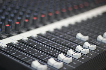audio mixer, black and white, sound mixer panel, sliders, knobs, audio control, detailed view, music production, sound equipment, mixing console, studio gear