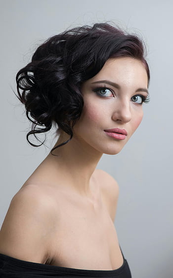 woman, black off-shoulder top, elegant hairstyle, makeup, close-up portrait, stylish, beauty, fashion, portrait photography, female model, elegant look