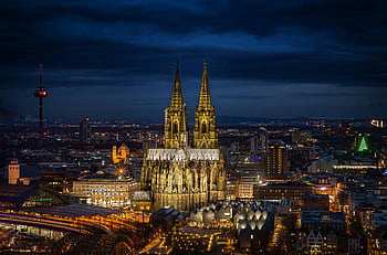 Katedral cologne, tembakan malam, Cityscape, diterangi, menakjubkan, bangunan, waktu malam, urban, Arsitektur, jerman, tengara