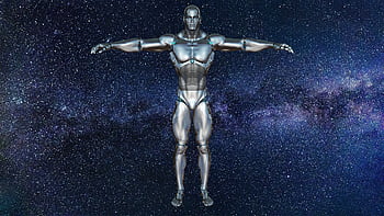 muž, přední, robot, kyborg, android robotika budoucnosti, modrý, stříbrný, sci-fi, budoucnost, robotika, android