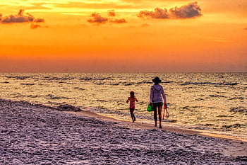 solnedgang, Strand, familie, turister, kyst, sand, strandlinjen, hav, natur, horisont, himmel
