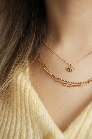 golden necklaces, woman, close-up, luxury, elegance, gold jewelry, exquisite necklaces, gold chain, eye pendant, fashion accessories, elegant style