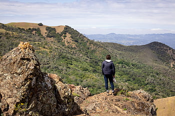 person, mountain, hike, man, male, view, sky, nature, landscape, wanderlust, adventure