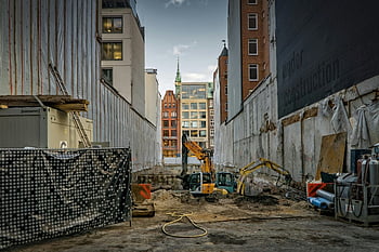 construction site, urban area, yellow and black excavator, scaffolding, development, under construction, building site, city construction, excavators, urban development, construction equipment