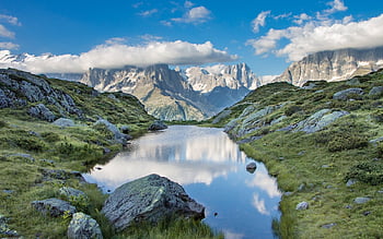 hory, jezero, Příroda, nebe, pole, odraz, skály, vodní odraz, řeka, mraky, krajina