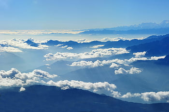 pohled, mraky nad horami, modrá obloha, letecký pohled, Ohromující hory, jasně modrá obloha, horské krajiny, formace mraků, přírodní scenérie, Pohled na vysokou nadmořskou výšku, horské vrcholy