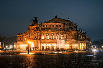 semperoper, dresden, Gedung Opera Jerman, pemandangan malam, jam biru, bangunan yang diterangi, pemandangan yang menakjubkan, tengara terkenal, arsitektur eropa, lampu-lampu kota, fotografi malam