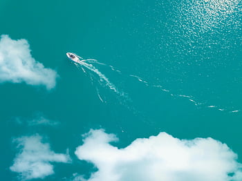 하얀 보트, 물줄기, 기선, 청록색 바다, 호수 attersee, 조감도, 충격적인 경치, 수면, 보트 트레일, 구름, 경치 좋은 전망