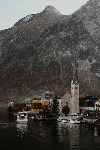 Hallstatt, Austria, Evangelical Church, mountain, autumnal view, serene lake, iconic church, Hallstatt lake, boats, village, Alps