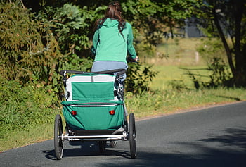 woman, bicycle, bike Trailer, child Bike Trailer, country Life, mother, to Go Biking, transport, road, outdoors, bicycle Trailer For Children
