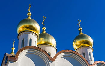 golden domes, Russian Orthodox church, clear blue sky, white cathedral, low angle view, day time, close-up, architecture, religious building, domed structure, golden crosses