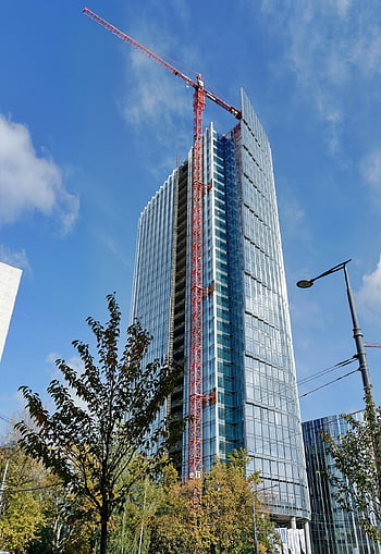 costruzione, Torre, architettura, moderno, grattacielo, prospettiva, il sito, gru, alberi, Paradiso, blu