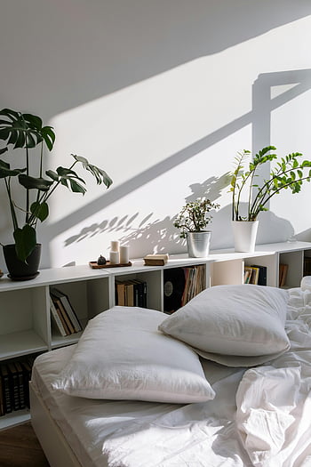 tempat tidur putih, bantal putih, rak buku kayu putih, Kamar tidur yang cerah, Kamar tidur yang lapang, sinar matahari, tanaman, Suasana Santai, buku, kamar tidur yang nyaman, kamar tidur modern
