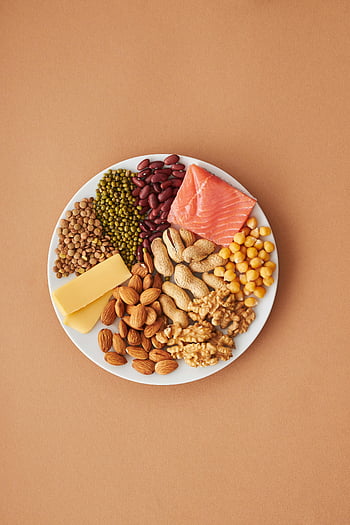 healthy food, ceramic plate, proteins, legumes, white plate, healthy eating, salmon, nuts, beans, cheese, chickpeas