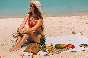 spiaggia, asciugamano, prendere il sole, spiaggia tropicale, frutta, Lozione per la protezione solare, tempo libero estivo, donna, vacanza, rilassamento, picnic