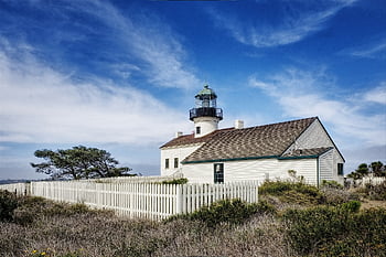 Starý maják Point Loma, Příroda, maják, budova, struktura, historický, mezník, plot, tráva, slunný, San Diego