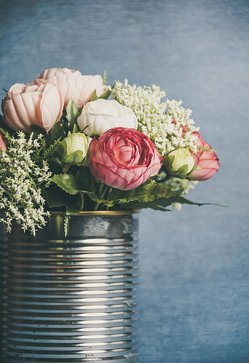 flowers in can, delicate bouquet, rustic silver can, floral arrangement, decor, silver can vase, flower arrangement, rustic decor, bouquet in can, floral decor, rustic flowers