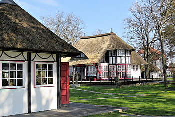 domy, Došková střecha, vesnice, město, Výstavní budovy, architektura, moderní, vazník, Baltské moře, severní Německo