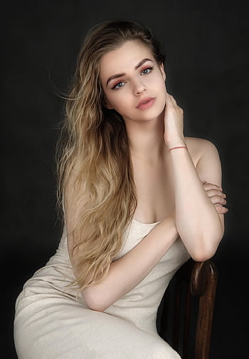 Kadın, genç, model, toplantı, sandalye, güzellik, portre, dalgınlık, yüz, saç, makyaj