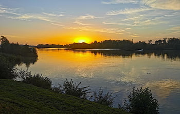 solnedgang, elv, natur, sol, vann, refleksjon, skumring, falle, Donau, landskap, sesong