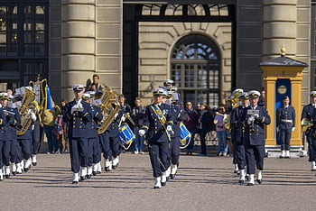 hrad, pochodová kapela, Švédsko, hudba, vojenský, stráže, Stockholmu, kapela, březen, historický, švédský