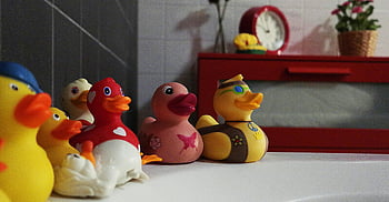 rubber ducks, colorful rubber ducks, modern bathroom, red accents, white surface, assorted rubber duckies, bathroom setting, fun bathroom decor, playful rubber ducks, bathroom accessories, decorative rubber ducks