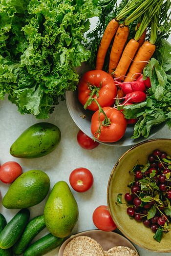 fresh fruits, fresh vegetables, vibrant flatlay, assorted fruits, assorted vegetables, healthy food, fresh produce, colorful vegetables, fresh tomatoes, fresh avocados, fresh cherries