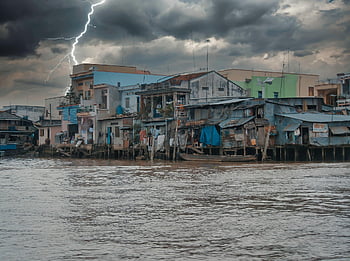vietnam, mekong, river, mekong River, houses, nature, thunder, storm, sky, thunderstorm, lightning