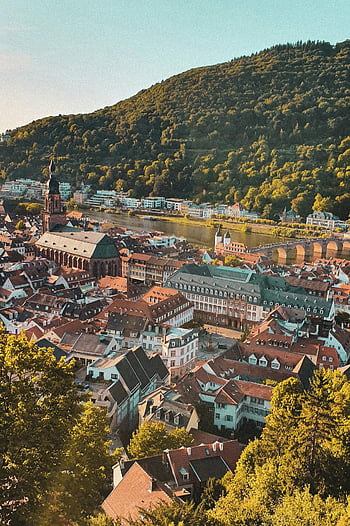 Heidelberg, aerial view, charming architecture, Neckar River, scenic view, historic buildings, old town, bridge, riverbank, greenery, Germany